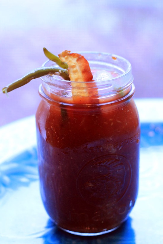 bloody mary with dilly beans and candied bacon